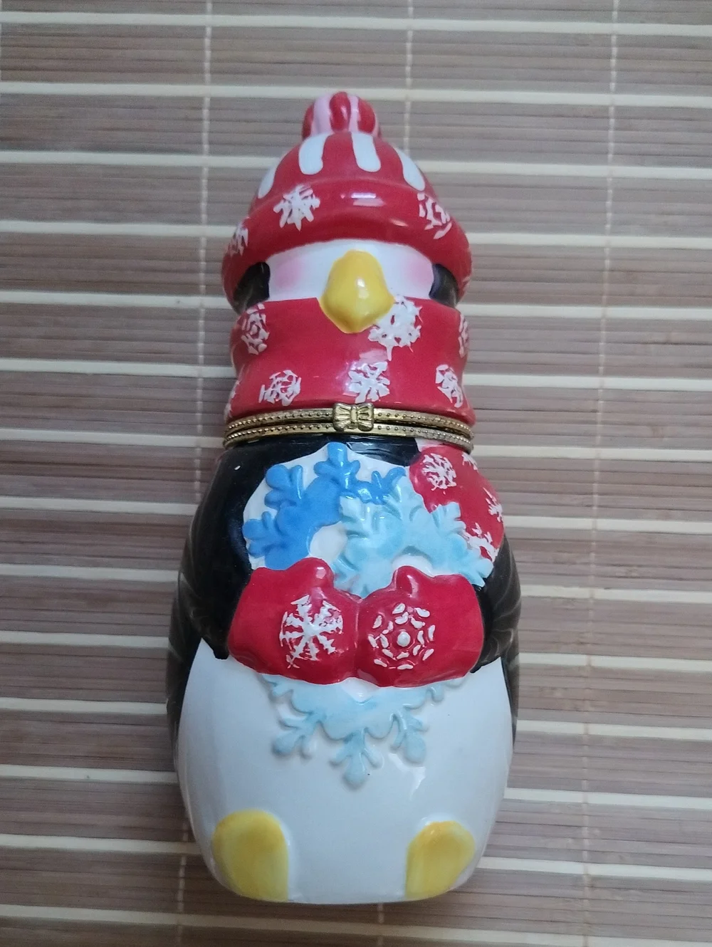Festive Red Penguin Trinket Box - Holiday Snowflake Design